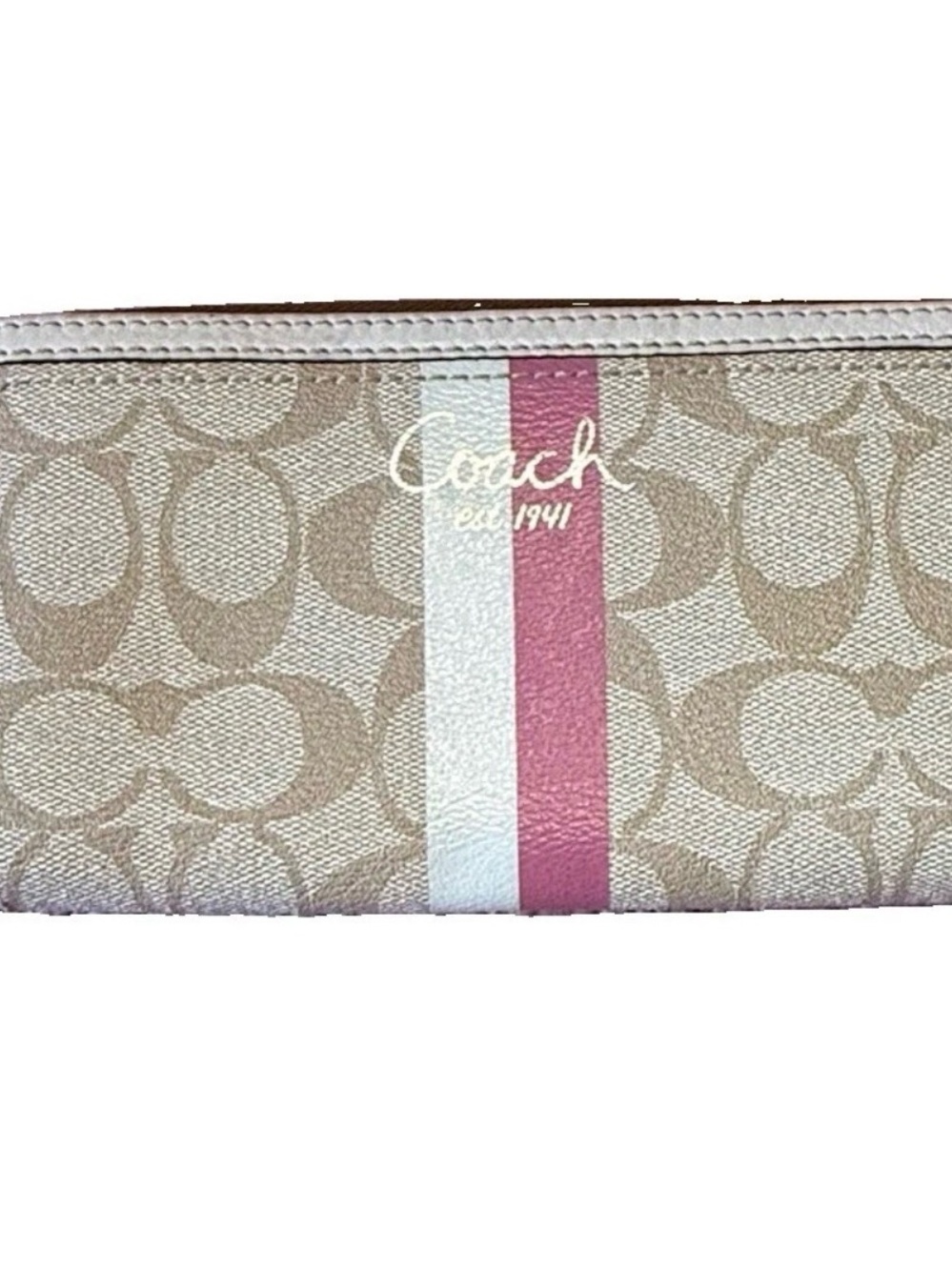 Coach Heritage Stripe Logo Wallet Pink Beige Ivory Accordion Zip Around Classic